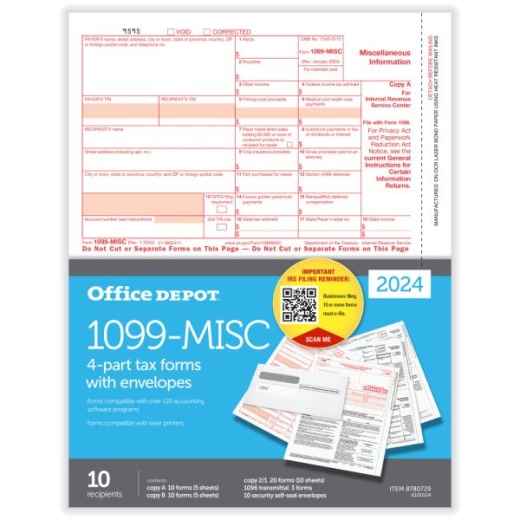1099-Misc Laser Tax Forms And Envelopes, 4-Part, 2-Up, 8-1/2" X 11", Pack Of 10 Form Sets, 6101024