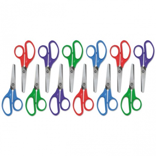 Universal Kids' Scissors - Rounded Tip, 5" Long, 1.75" Cut Length, Straight Assorted Color Handles, 12/Pack