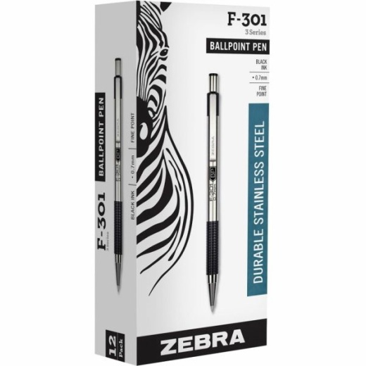 Zebra F-301 Ballpoint Pen, Retractable, Fine 0.7 Mm, Black Ink, Stainless Steel/Black Barrel, Dozen