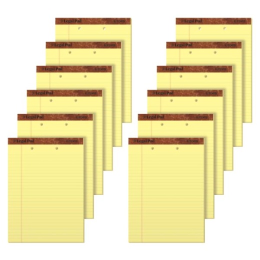 TOPS 2-Hole Punched Perforated Writing Pads, 8 1/2" x 11 3/4", Legal Ruled, 50 Sheets, Canary, Pack Of 12 Pads