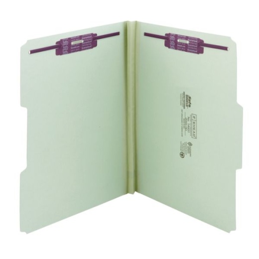 Smead Pressboard Fastener Folders with Safeshield Fasteners, 1" Expansion, Letter Size, 100% Recycled, Gray/Green, Box Of 25
