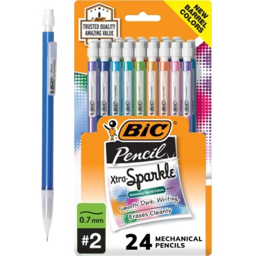 BIC Xtra Sparkle Mechanical Pencils, 0.7Mm, #2 Lead, Assorted Barrel Color, Pack Of 24