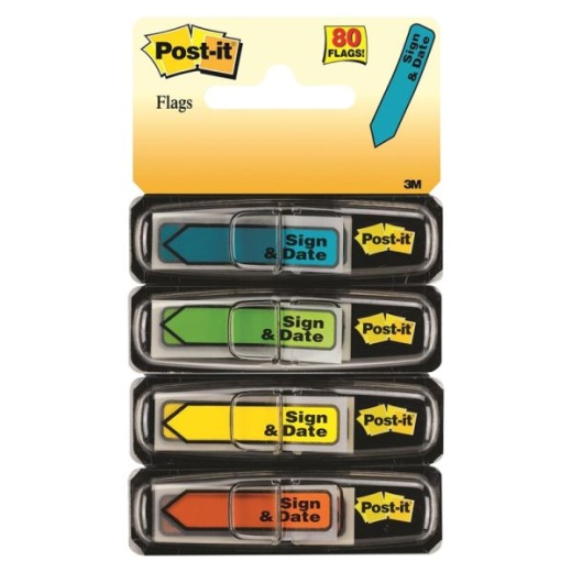 Post-It Sign-And-Date Message Flags, Assorted Bright Colors, 1/2"