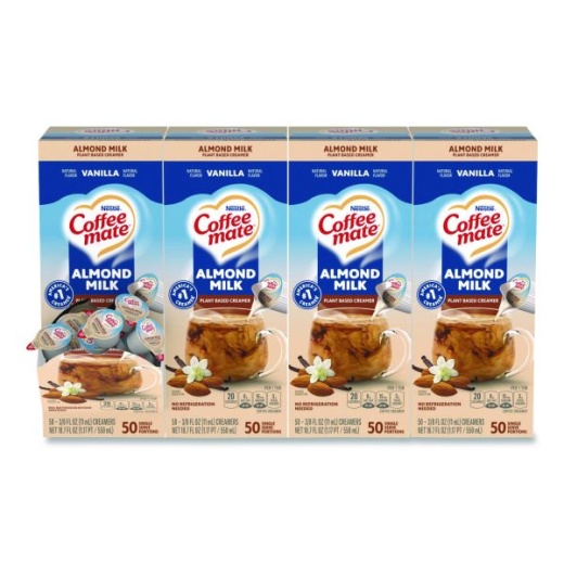 Coffee Mate Plant-Based Almond Milk Non-Dairy Liquid Creamer Singles, Natural Vanilla, 0.38 Oz Tubs, 200/Carton
