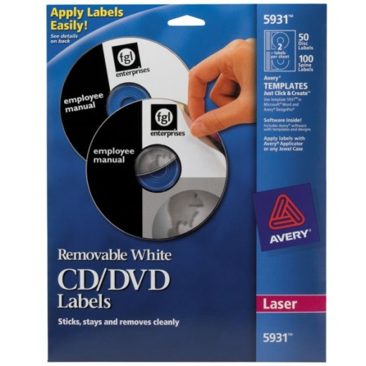 Avery Removable Print-To-The-Edge CD/DVD Labels, 5931, Round, 4.65" Diameter, White