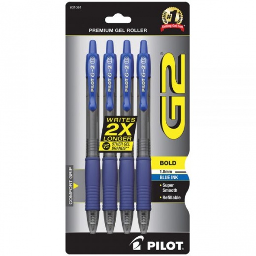 Pilot G2 Retractable Gel Pens, Bold Point, 1.0 Mm, Clear Barrels, Blue Ink, Pack Of 4