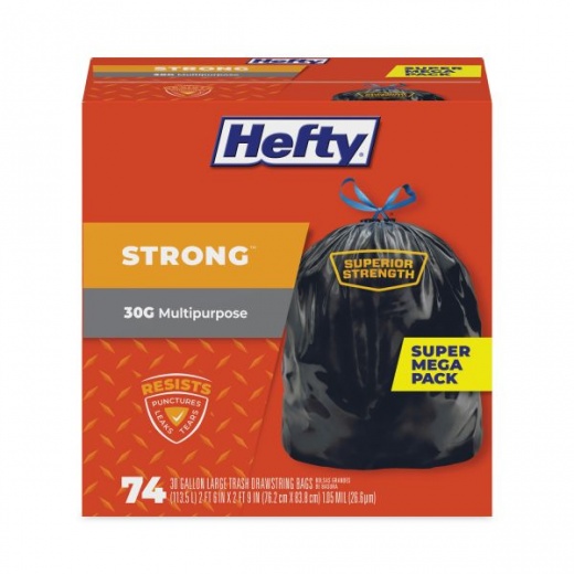 Hefty Strong Multipurpose Drawstring Trash Bags, 30 Gal, 1.1 Mil, 30" x 33", Black, 74/Box