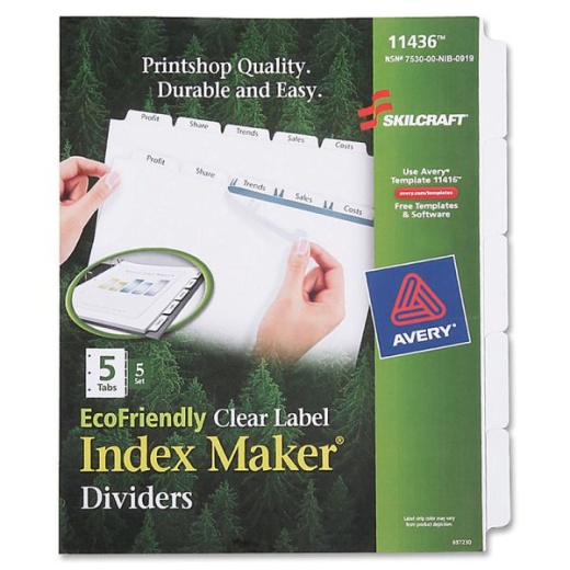 Skilcraft Index Maker Clear Label Dividers With White Tabs, 5-Tab, Pack Of 5 Sets