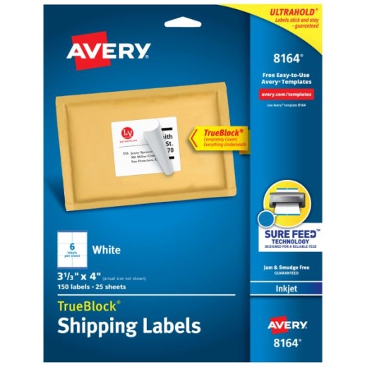Avery Trueblock Permanent Inkjet Shipping Labels, 8164, 3 1/3" x 4", White, Pack Of 150