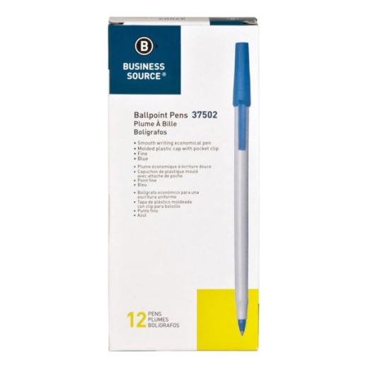 Business Source Ballpoint Stick Pens, Fine Point, Light Gray Barrel, Blue Ink, Pack of 12 Pens