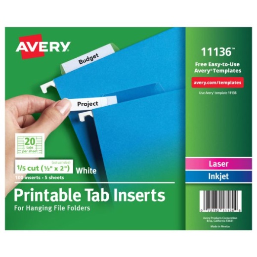 Avery Printable Tab Inserts For Hanging File Folders, 1/5 Cut For 2" Tabs, White, Box Of 100