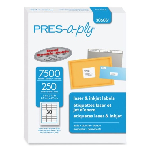 Pres-a-ply Labels, Laser Printers, 1 x 2.63, White, 30/Sheet, 250 Sheets/Box