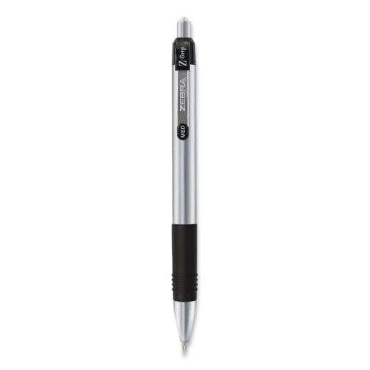 Zebra Z-Grip Metal Ballpoint Pen, Retractable, Medium 1 Mm, Black Ink, Silver/Black Barrel, 12/Pack