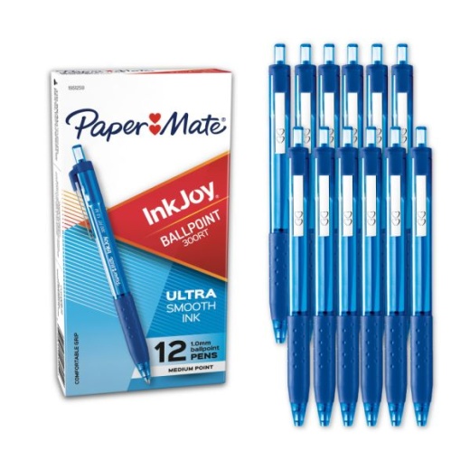 Paper Mate Inkjoy 300 Rt Retractable Pens, Medium Point, 1.0 Mm, Translucent Blue Barrels, Blue Ink, Pack Of 12