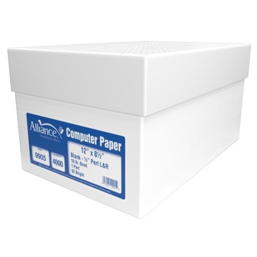 Alliance Continuous Feed Computer Paper, 12” X 8-1/2”, White, 18 Lb