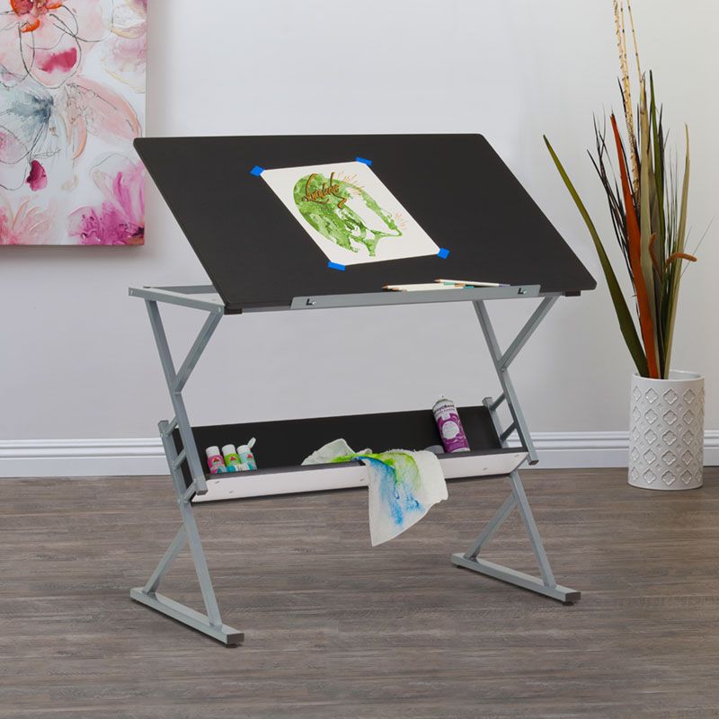 Prime Adjustable Top Drawing Table With Shelf In Silver/Black