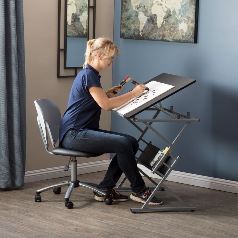 Prime Adjustable Top Drawing Table With Shelf In Silver/Black