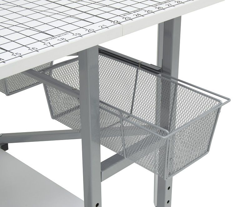 Mobile, Folding, Height Adjustable, Quilting, Fabric Cutting Table With Grid Top And Storage In Silver/White