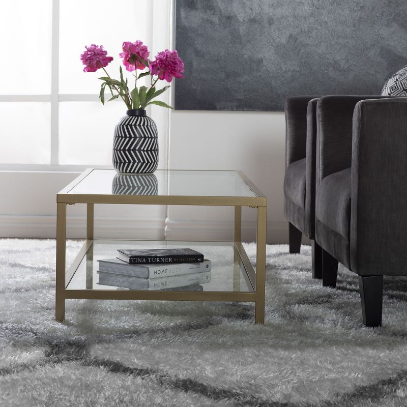 Camber 54" Wide Modern Glass Coffee Table In Gold Metal /Clear Glass