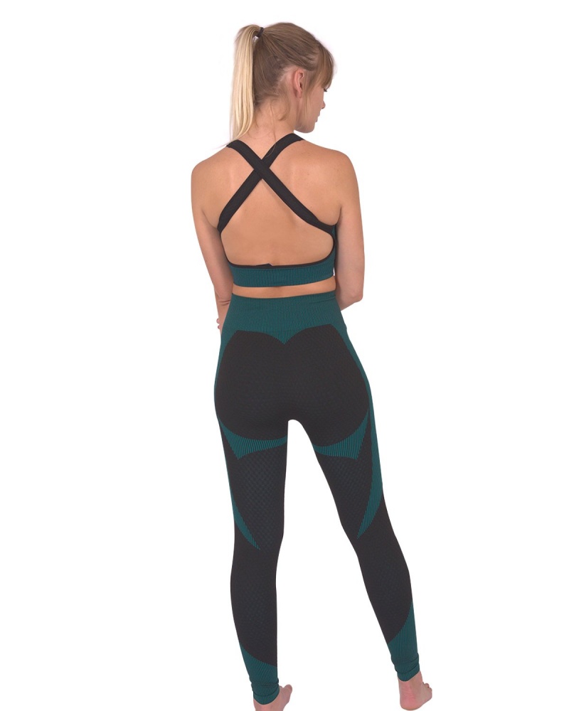 Trois Seamless Leggings & Sports Top 2 Set - Black With Teal Blue