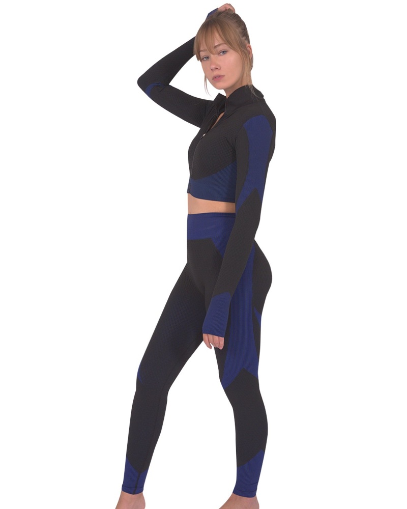 Trois Seamless Jacket, Leggings & Sports Top 3 Set - Black With Navy