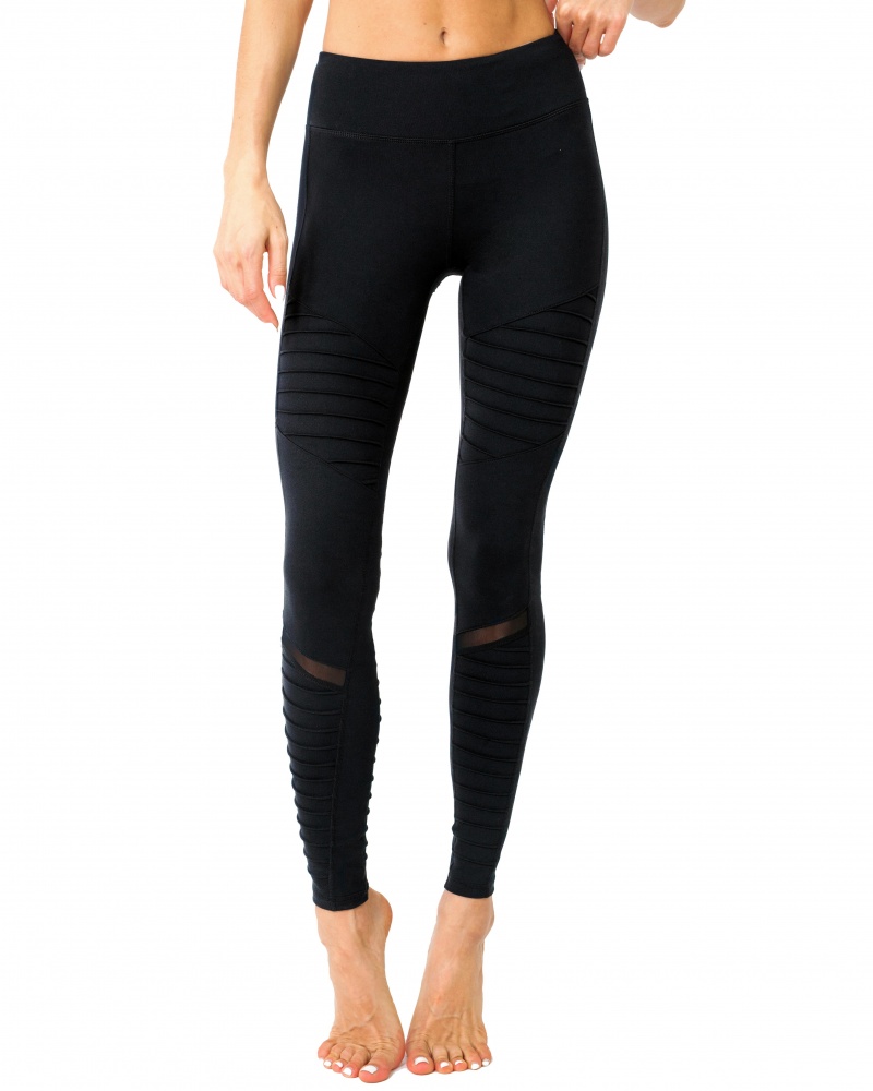 Athletique Low-Waisted Ribbed Leggings With Hidden Pocket And Mesh Panels - Black