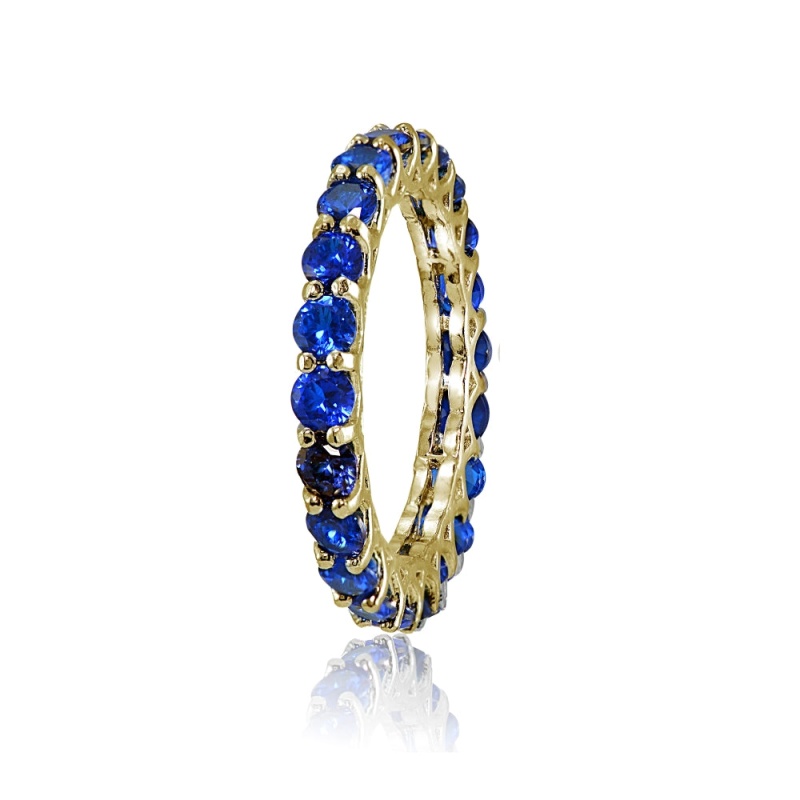 Yellow Gold Flashed Silver Created Blue Sapphire 3Mm Round-Cut Eternity Band Ring