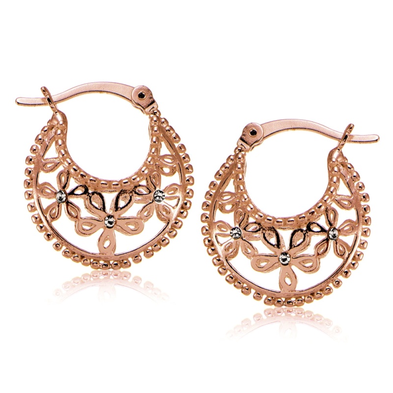 Rose Gold Flashed Sterling Silver Polished Filigree Flower Hoop Earrings With Cz Accents