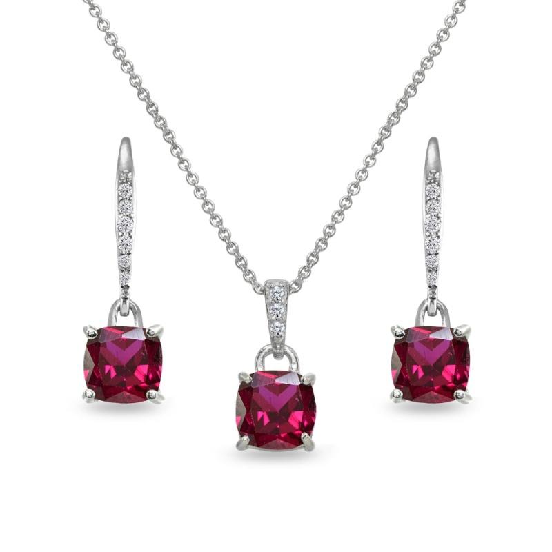 Sterling Silver Created Ruby Cushion-Cut Solitaire Dangle Leverback Earrings & Pendant Necklace Set