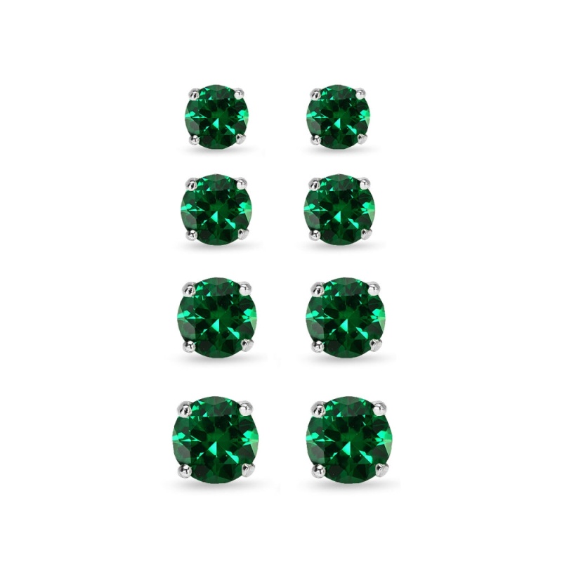 4 Pair Set Sterling Silver Simulated Emerald Round Stud Earrings, 3Mm 4Mm 5Mm 6Mm