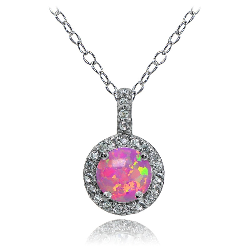 Sterling Silver Created Pink Opal And White Topaz Halo Necklace
