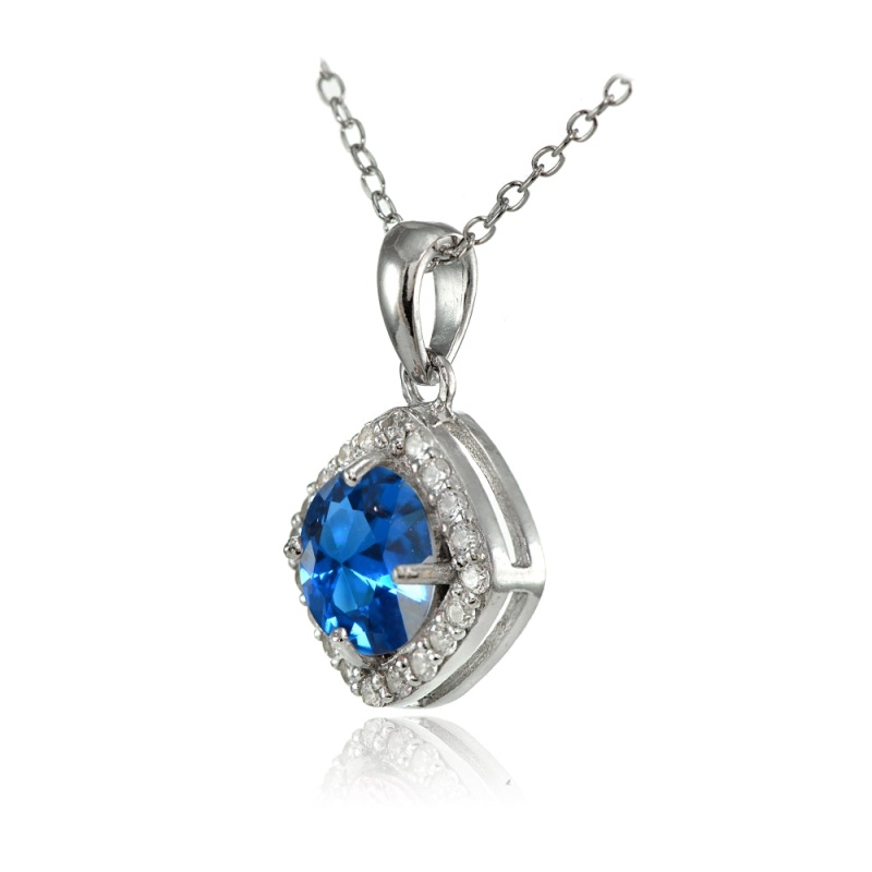 Sterling Silver Created London Blue Topaz 7Mm Round And Cz Accents Necklace