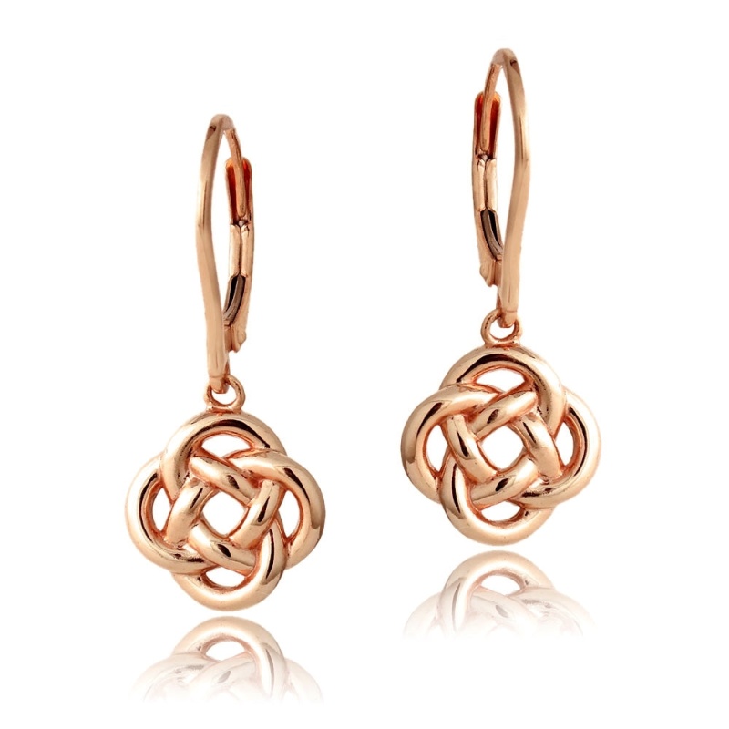 Rose Gold Flashed Sterling Silver Love Knot Flower Dangle Leverback Earrings