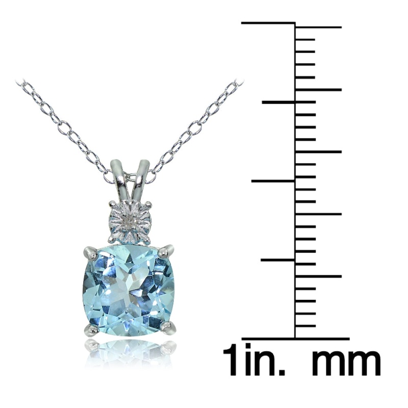 Sterling Silver Blue Topaz And Diamond Accent Cushion-Cut Necklace