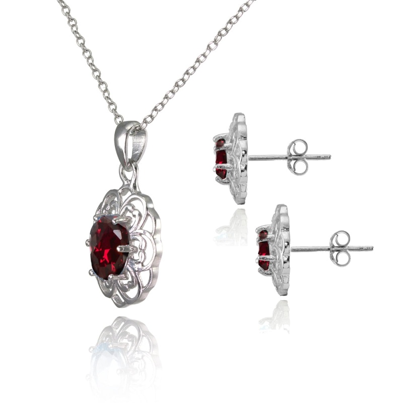 Sterling Silver Created Ruby Oval Filigree Flower Pendant Necklace And Stud Earrings Set