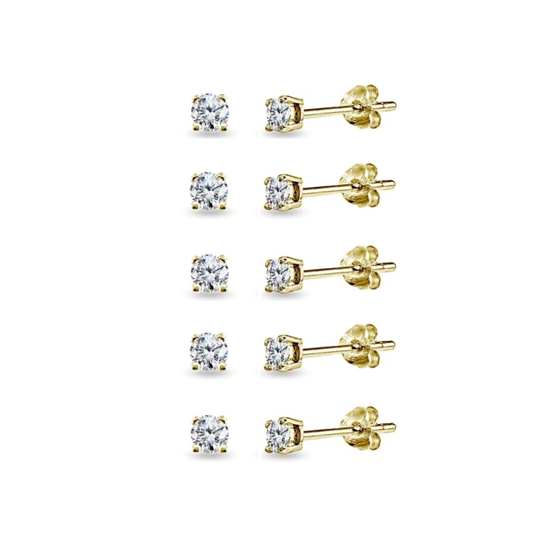 5-Pair Set Yellow Gold Flashed Sterling Silver Cubic Zirconia 4Mm Round Stud Earrings