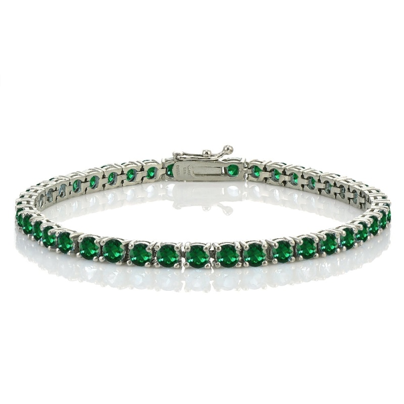 Sterling Silver 8.5Ct Created Emerald 4Mm Round Tennis Bracelet