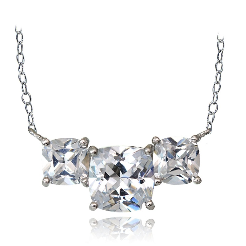 Sterling Silver 4.5Ct Cubic Zirconia Three Stone Cushion-Cut Necklace