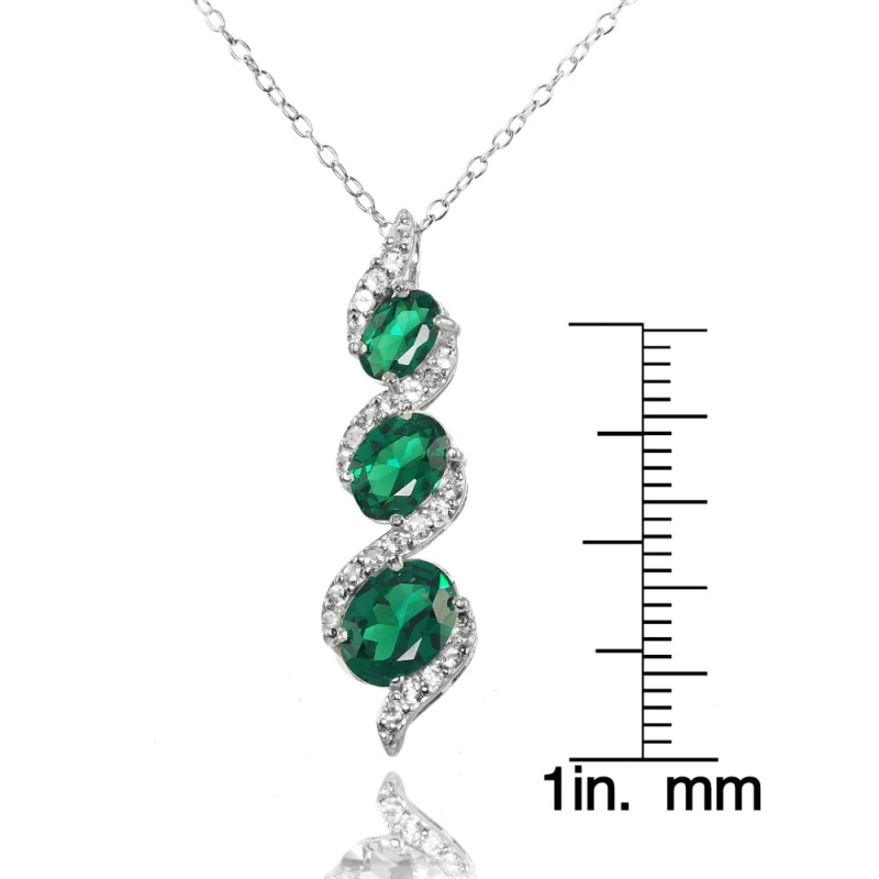 Sterling Silver Created Emerald And White Topaz Oval S Design Three-Stone Journey Necklace