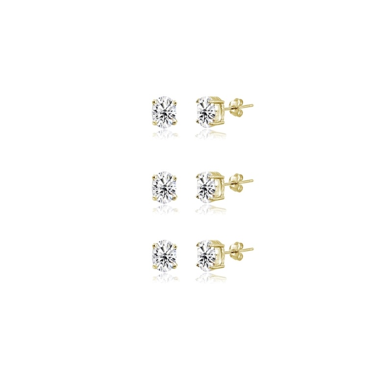 3-Pair Set Yellow Gold Flashed Sterling Silver Cubic Zirconia 5X3mm Oval Stud Earrings