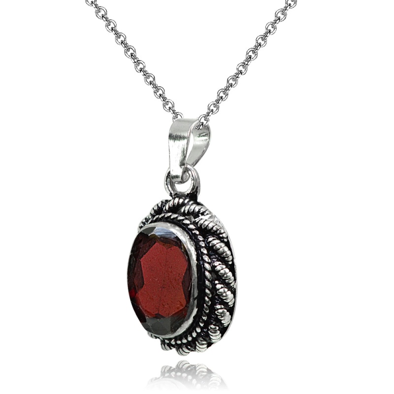 Sterling Silver Created Garnet Oval Bali Inspired Twist Rope Pendant Necklace