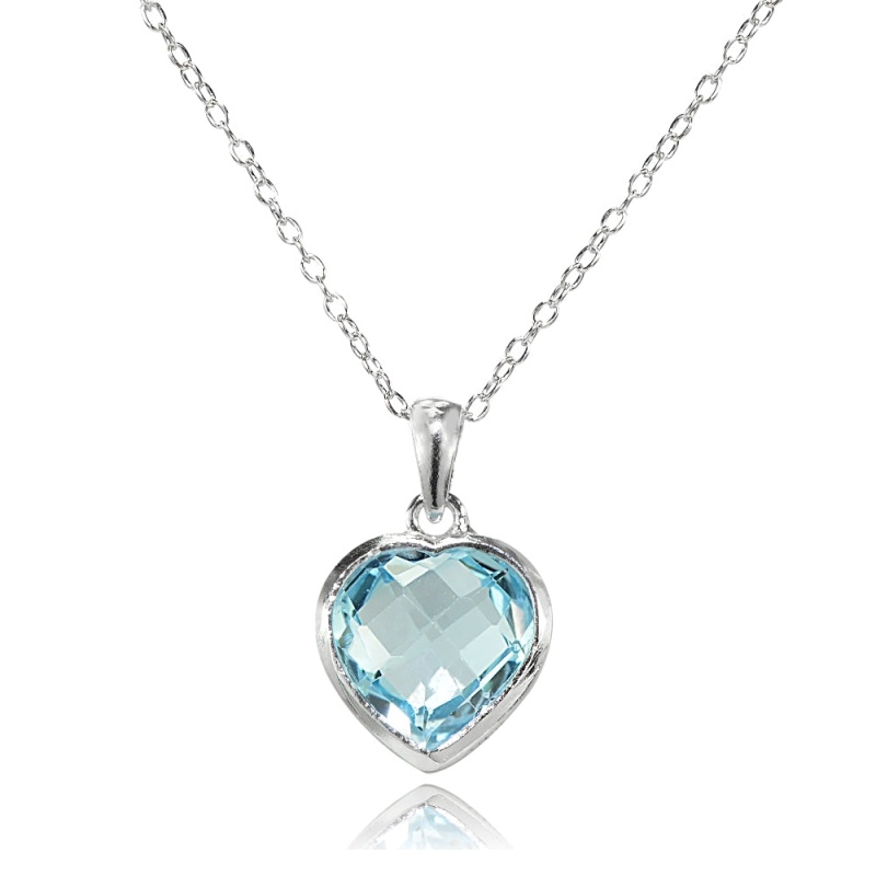 Sterling Silver Blue Topaz 10Mm Bezel-Set Heart Pendant Necklace