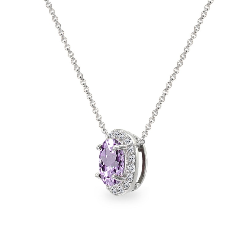 Sterling Silver Amethyst Oval Halo Slide Pendant Necklace With Cz Accents
