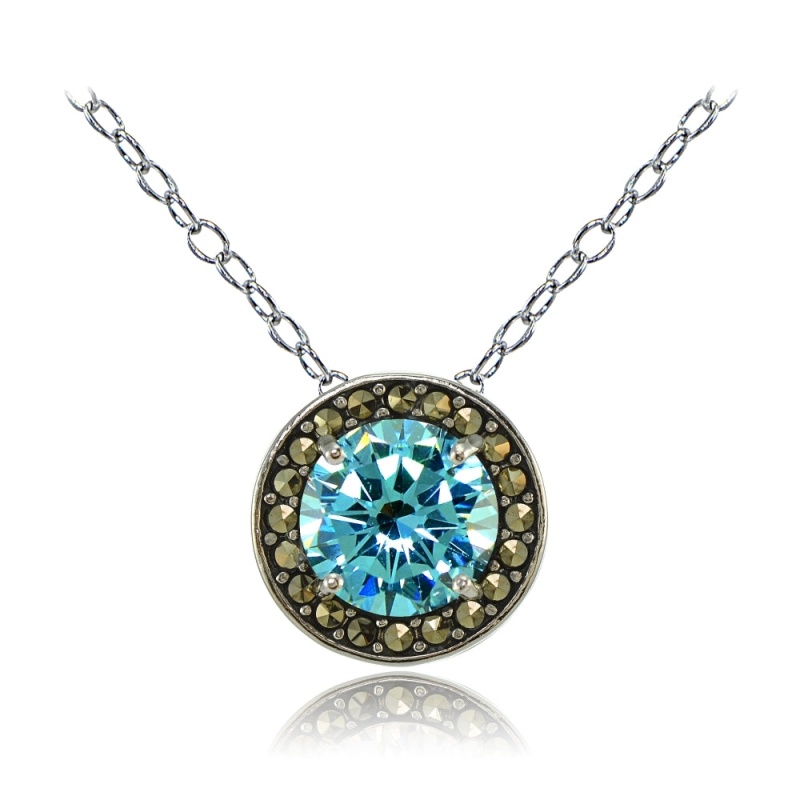 Sterling Silver Created Aquamarine And Marcasite Halo Necklace