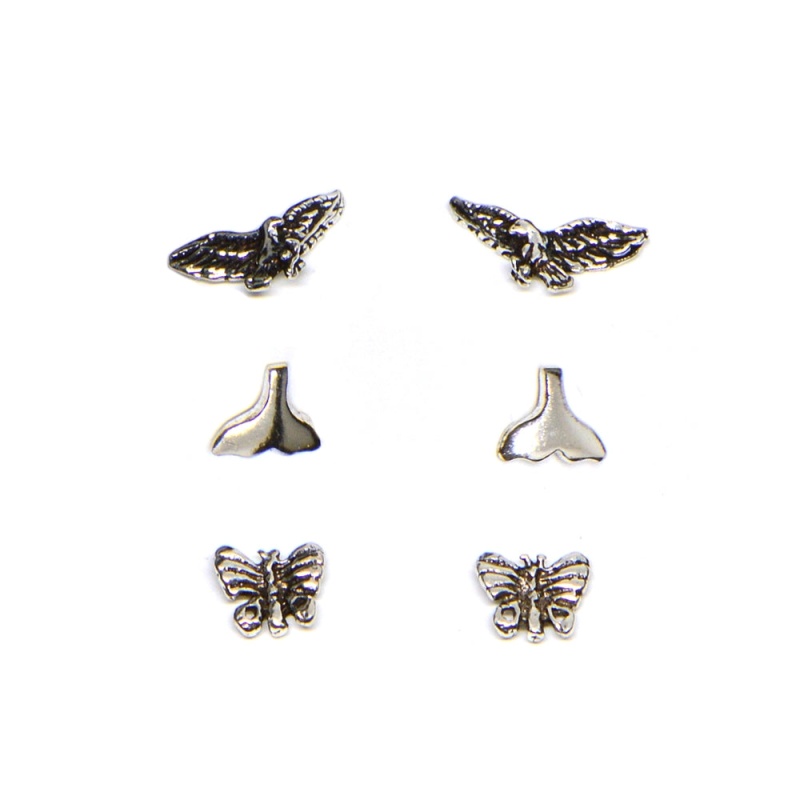 Sterling Silver Polished Eagle Bird Whale Tail Butterfly 3 Pair Stud Earrings Box Set
