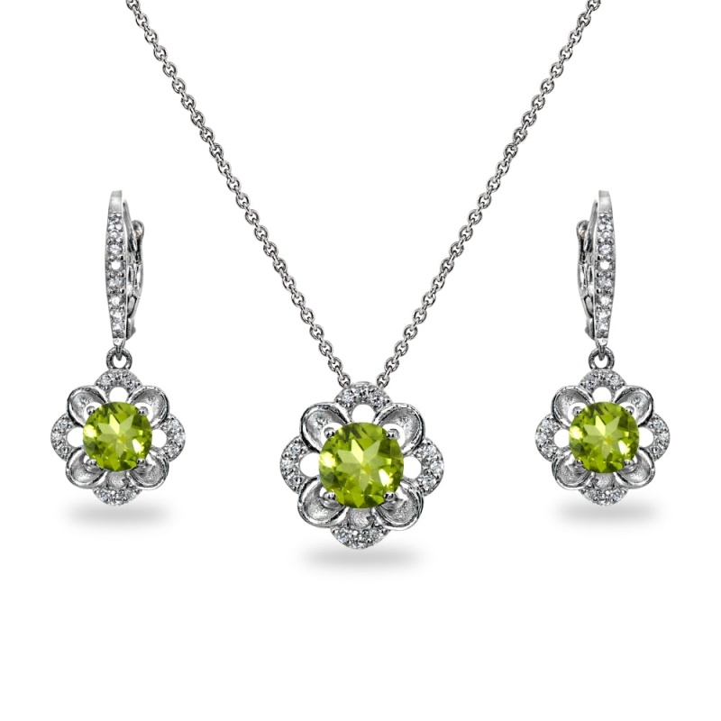Sterling Silver Peridot 6Mm Round-Cut Flower Dainty Slide Necklace & Leverback Earrings Set