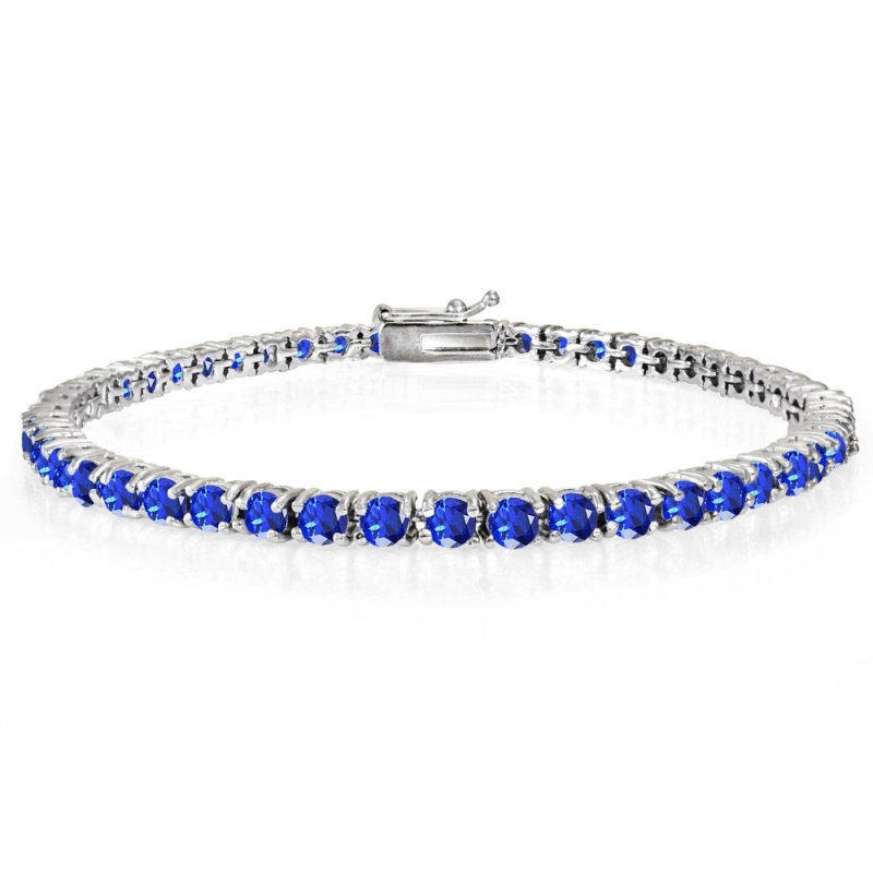 Sterling Silver Created Blue Sapphire 3Mm Round Classic Tennis Bracelet