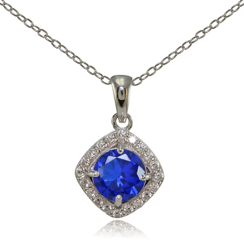 Sterling Silver Created Blue Sapphire 7Mm Round And Cz Accents Necklace