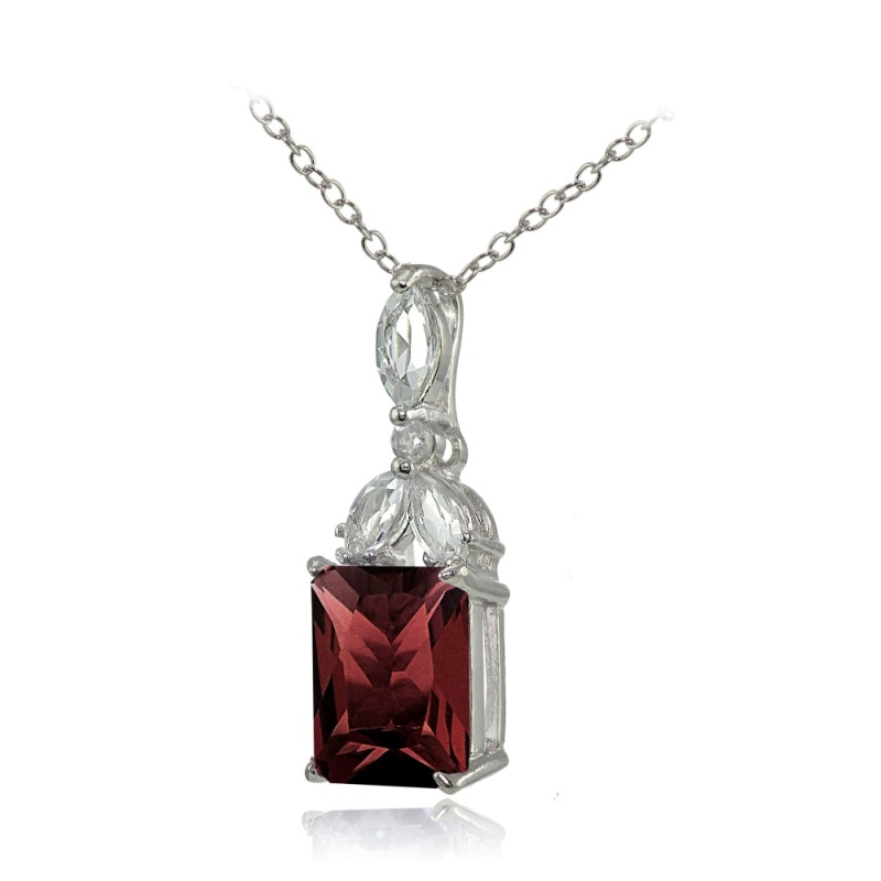 Sterling Silver Garnet And White Topaz Emerald-Cut Necklace