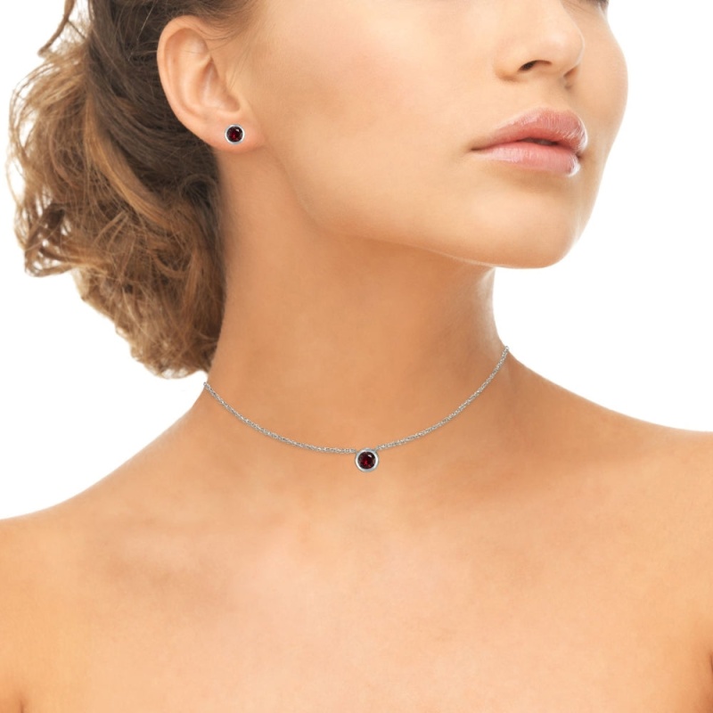 Sterling Silver Created Ruby 7Mm Round Bezel-Set Solitaire Dainty Necklace And Stud Earrings Set